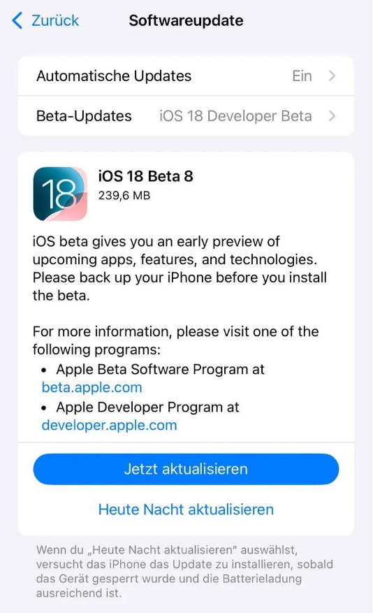 立山苹果手机维修分享苹果 iOS / iPadOS 18 开发者预览版 Beta 8 发布 